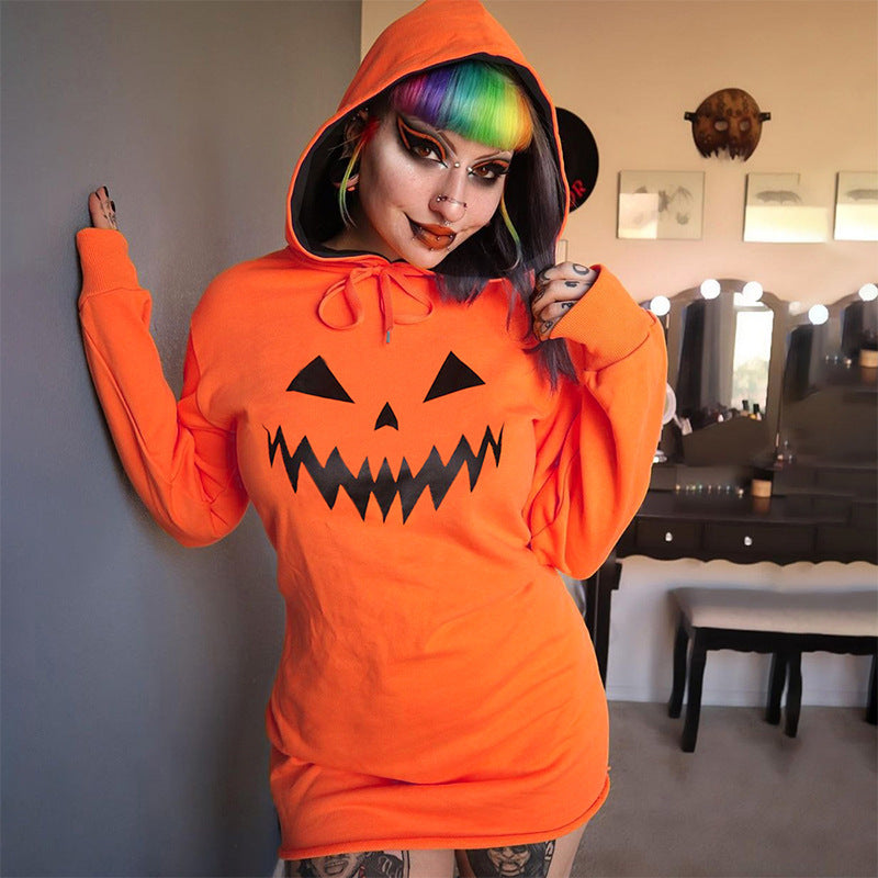 Halloween Costume Pumpkin Print Long Sleeve Hoodie Dress