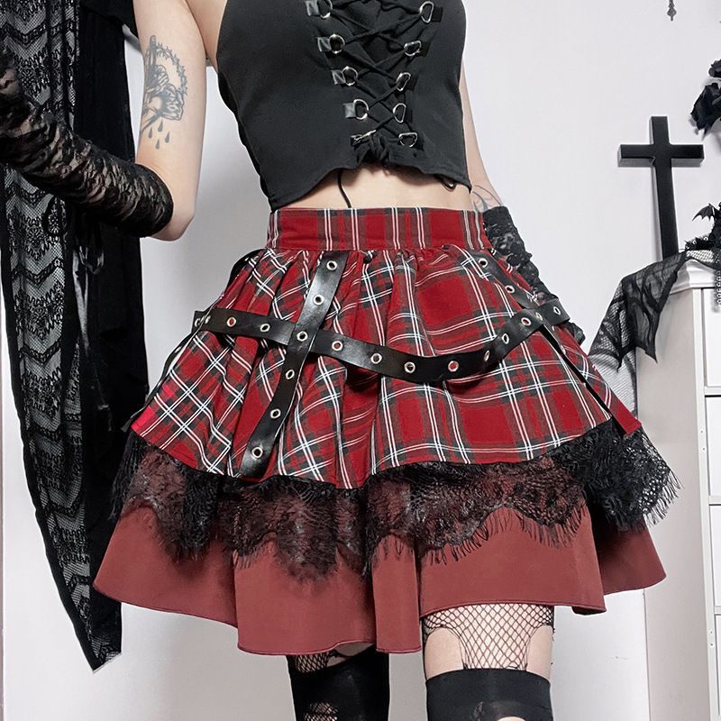 Saibo Punk Goth Lace Stitching A- Line Bubble Y2g With Plaid Hot Girl Skirt