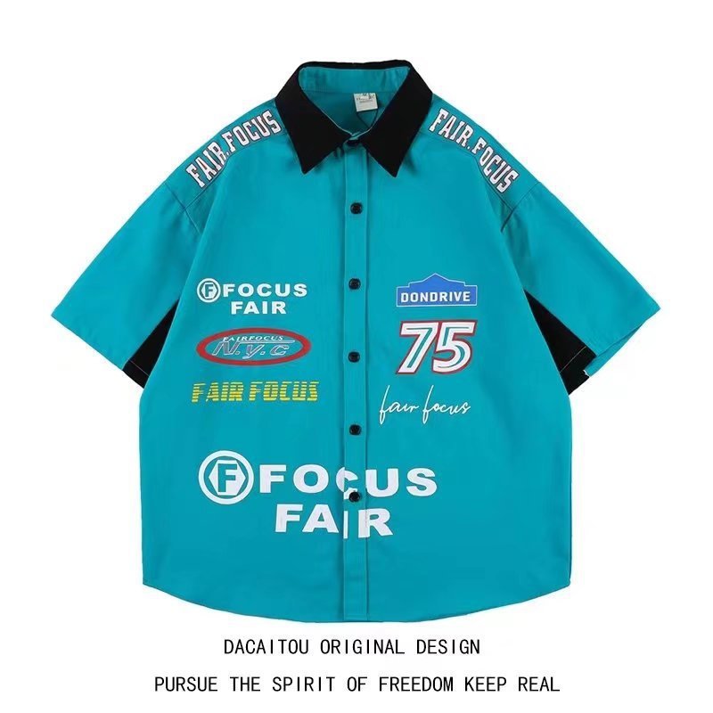 American Retro Heavy Industry Color Matching Racing Style Short Sleeve Shirt