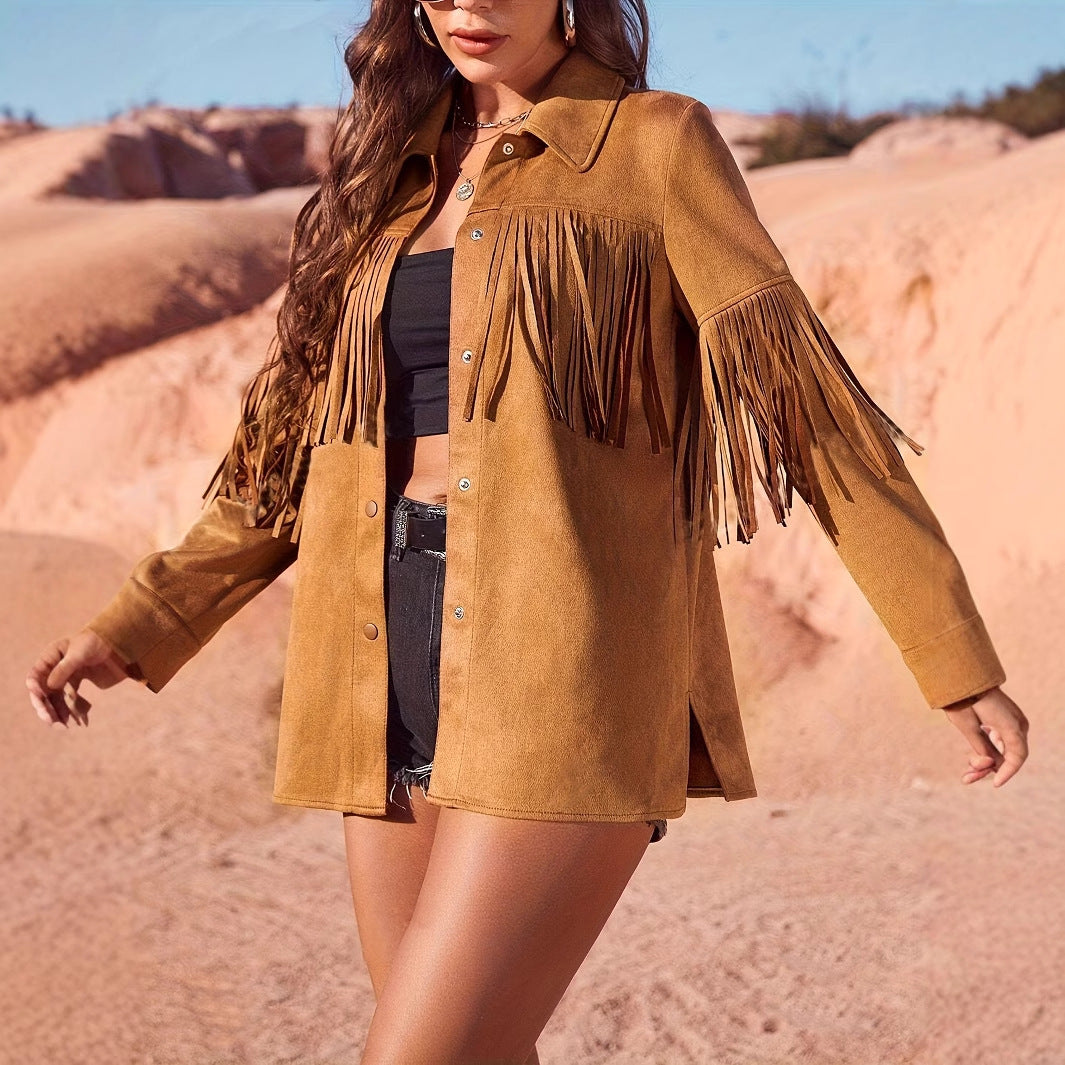 Women's Solid Color Western Style Suede Fringe Jacket Jacket